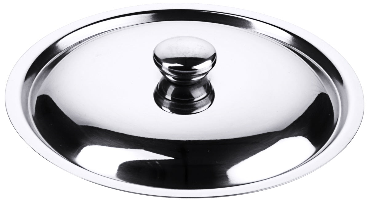 Edelstahl-Topfdeckel auf weißem Hintergrund.