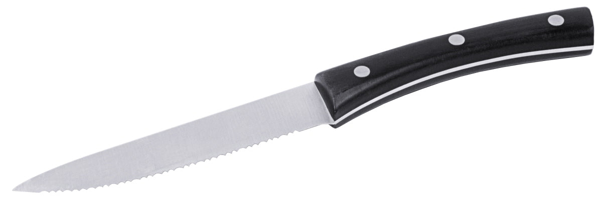 Gezacktes Küchenmesser mit schwarzem Griff.