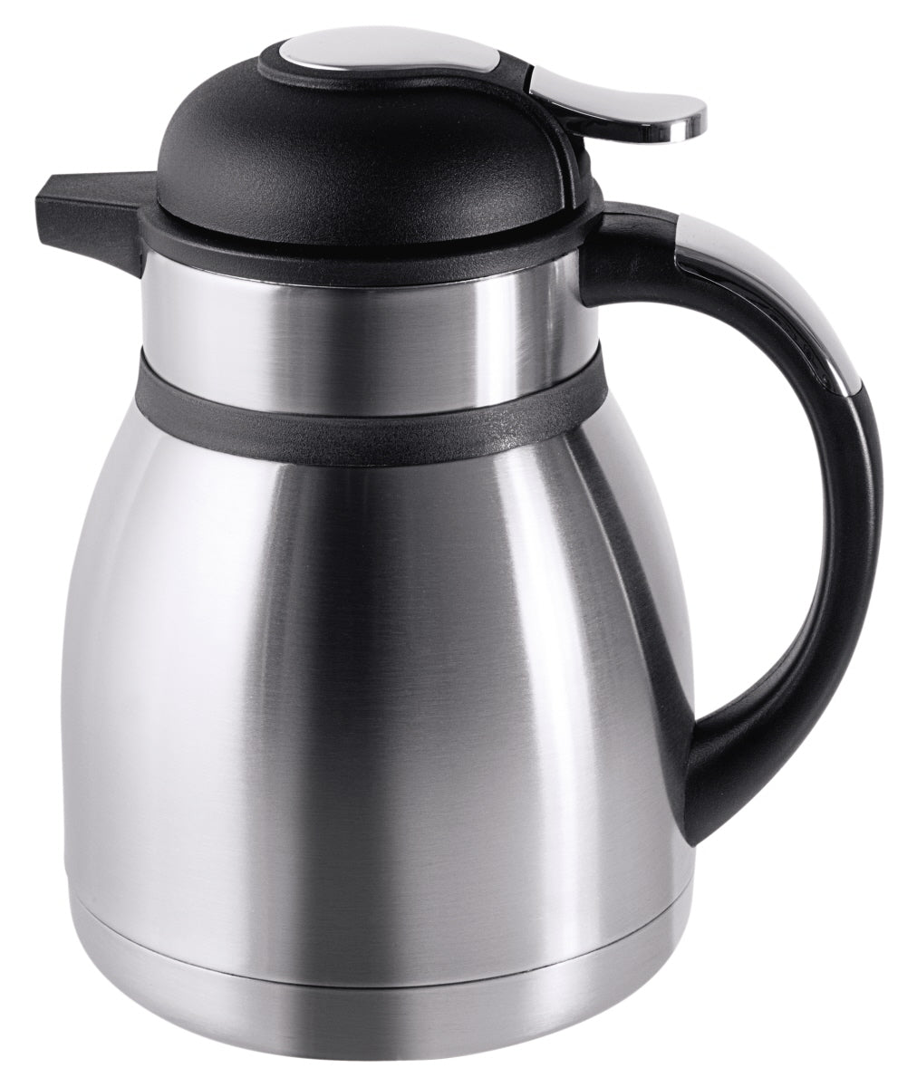 Silberne Thermoskanne mit schwarzem Griff.