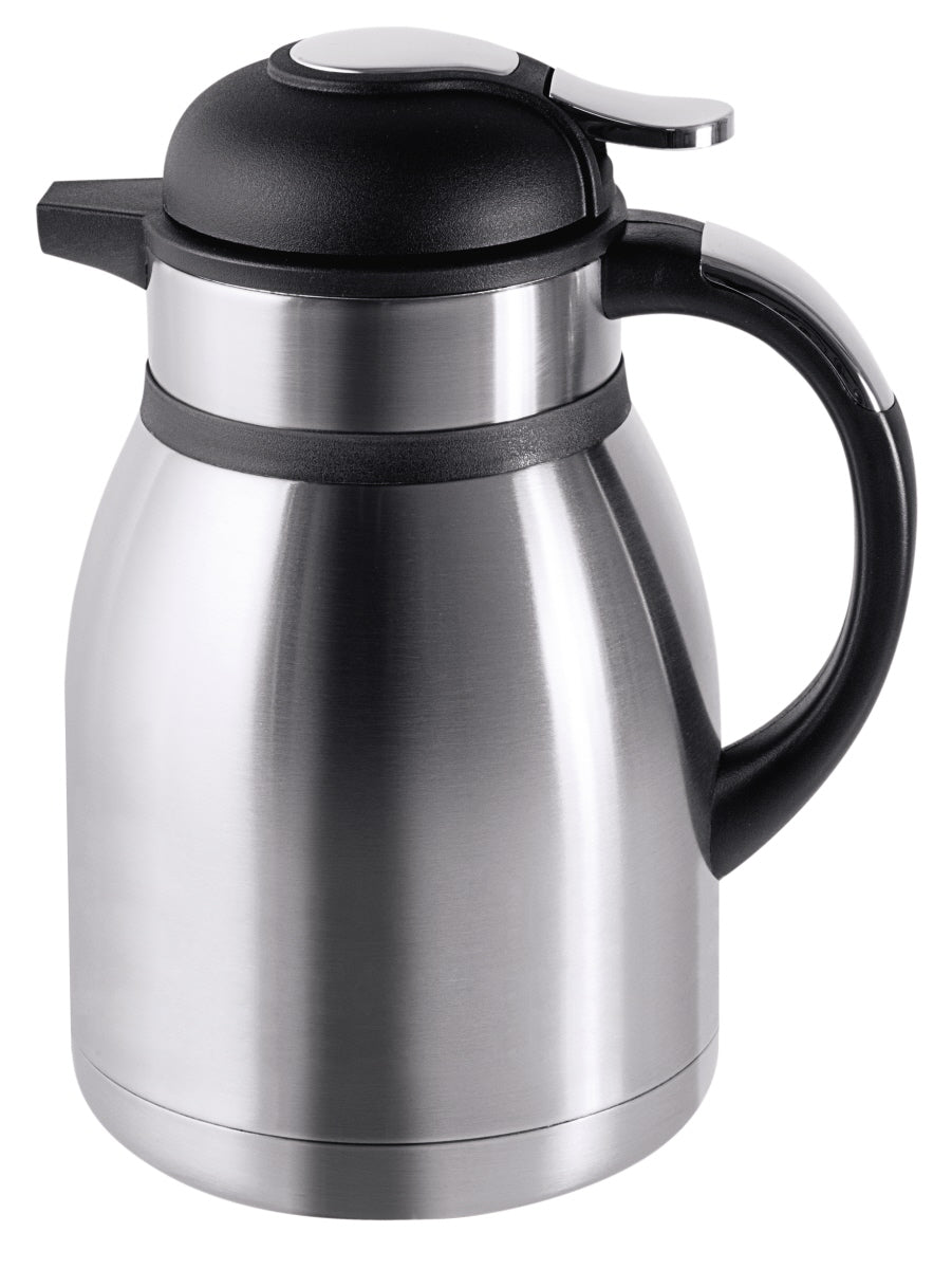 Silberne Thermoskanne mit schwarzem Griff.