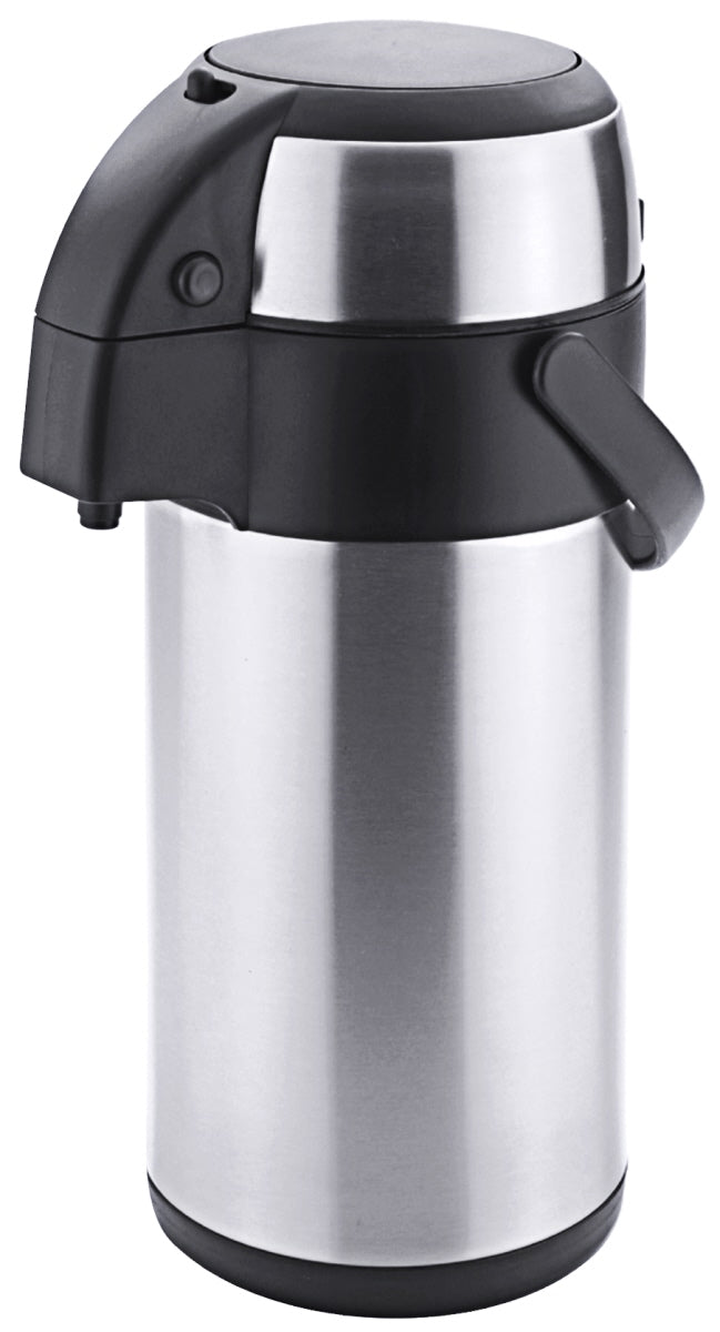 Silberne Thermoskanne mit Pumpmechanismus.