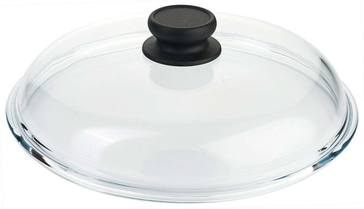 Glasdeckel mit schwarzem Griff.