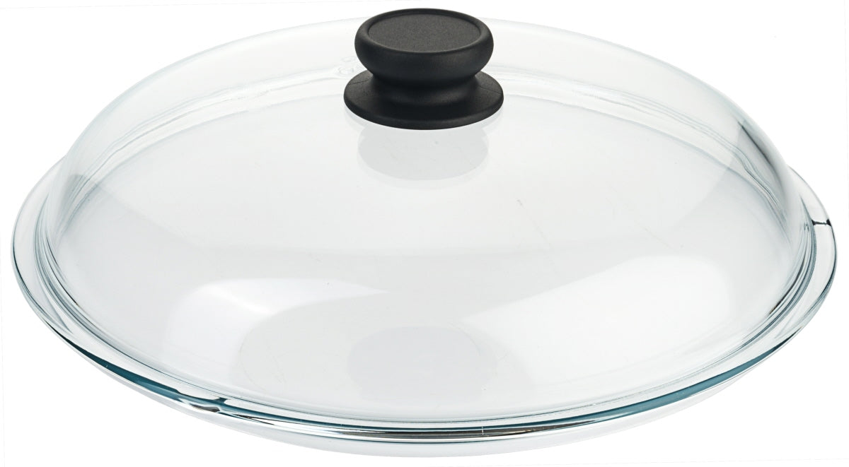 Glasdeckel mit schwarzem Griff.