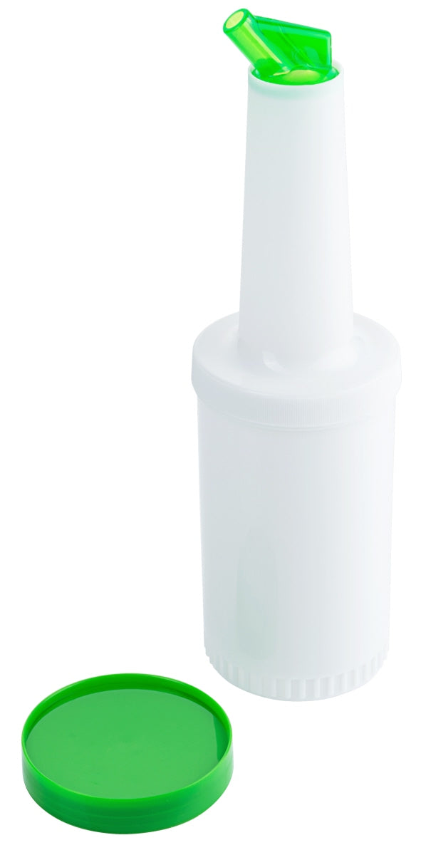 Weiße Flasche mit grünem Deckel.