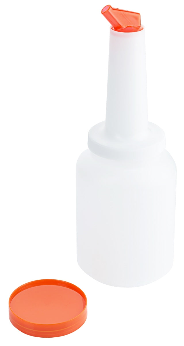 Weiße Flasche mit rotem Deckel.