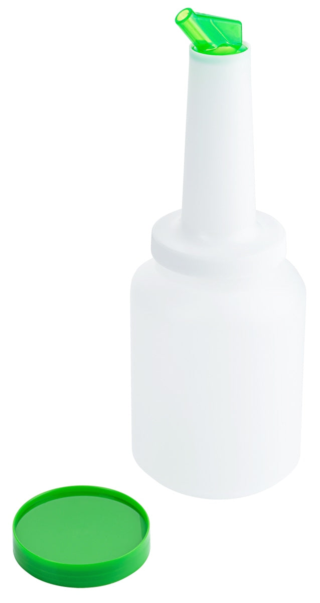 Weiße Flasche mit grünem Deckel.