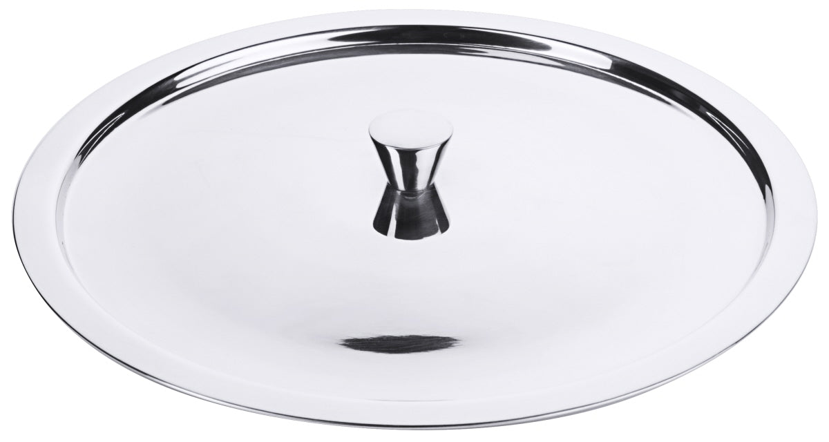Silberner Topfdeckel auf weißem Hintergrund.