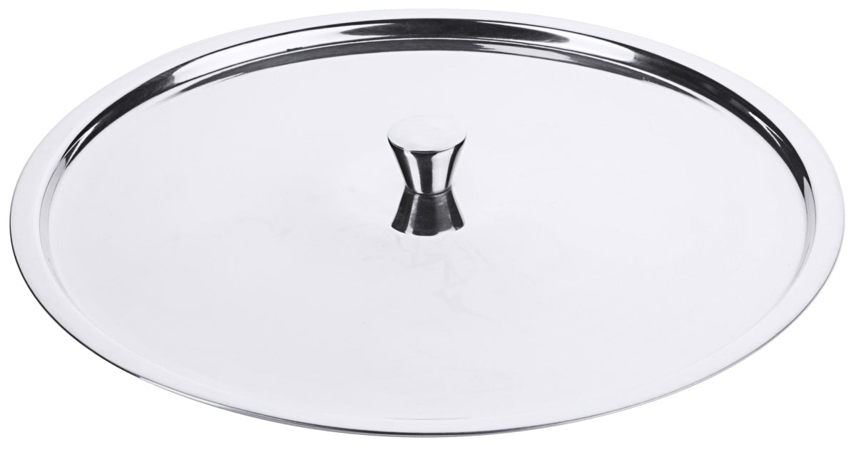 Edelstahl-Topfdeckel auf weißem Hintergrund.