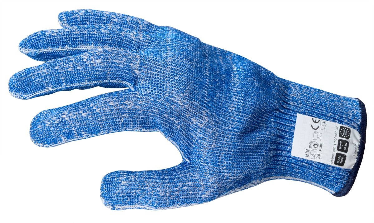 Blauer schnittfester Handschuh, Etikett.