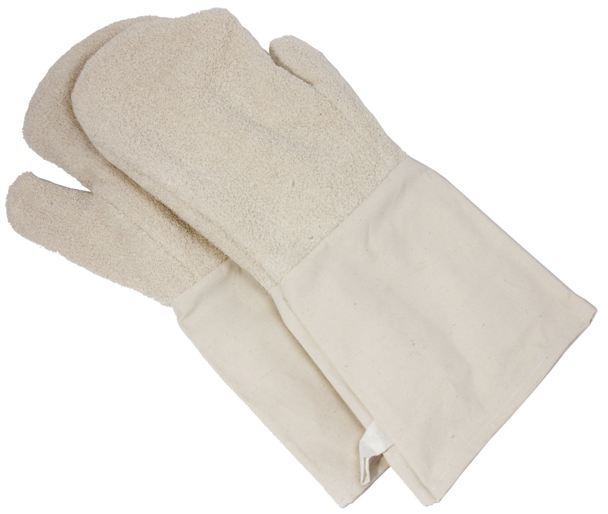 Zwei beige Ofenhandschuhe aus Stoff.
