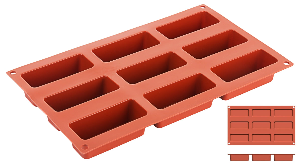 Rote Silikonbackform mit Rechtecken.