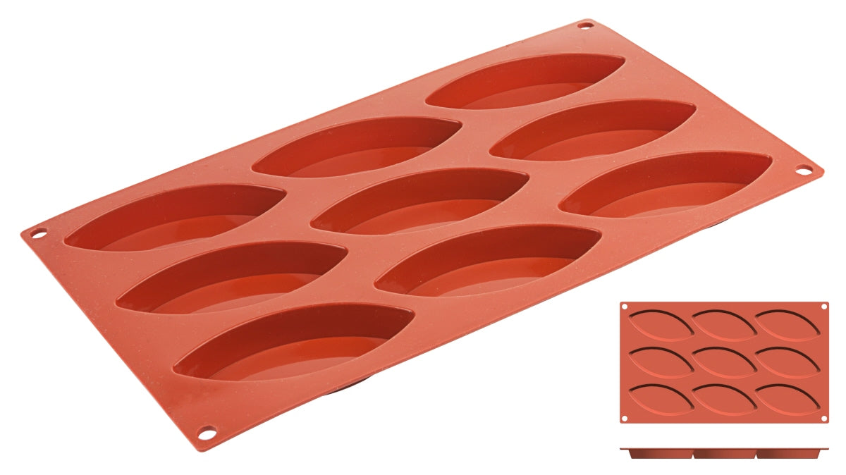 Rote Silikonform mit Mulden.