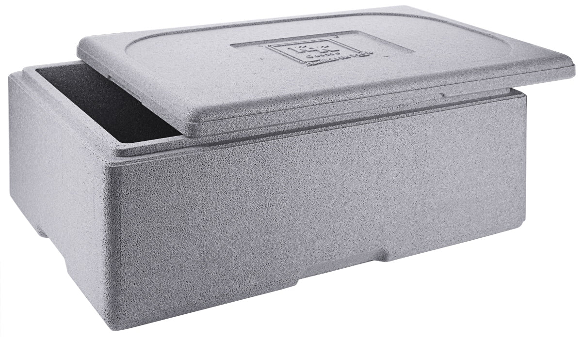 Graue Isolierbox mit Deckel.