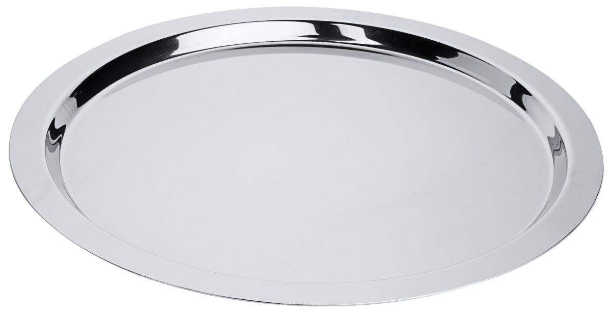 Silbernes Serviertablett aus Metall.