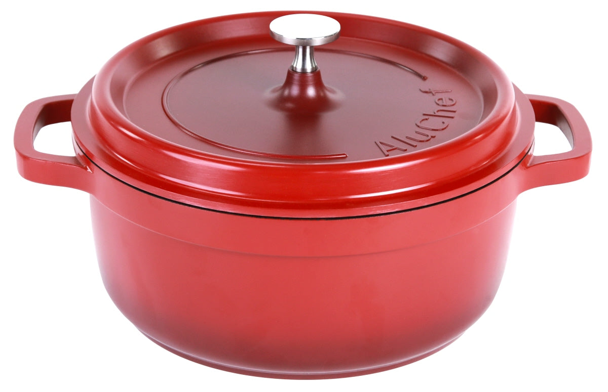 Roter Gusseisentopf mit Deckel