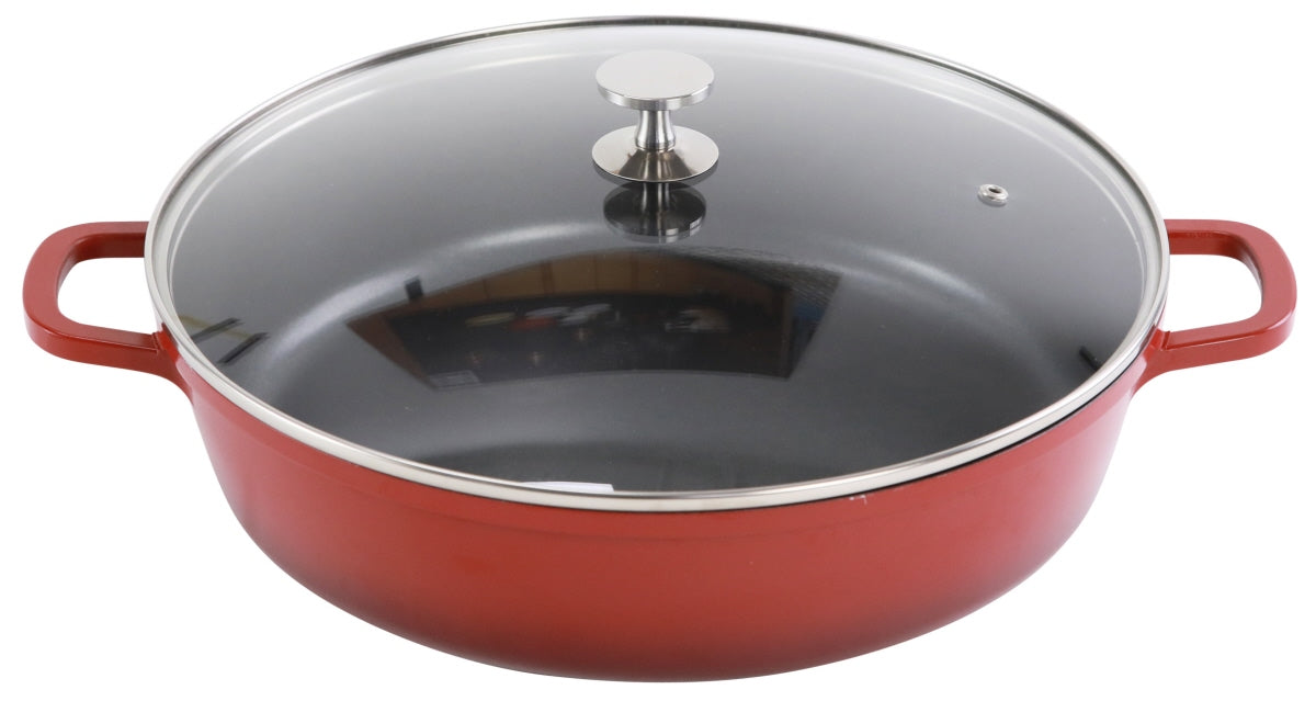 Roter Schmortopf mit Glasdeckel