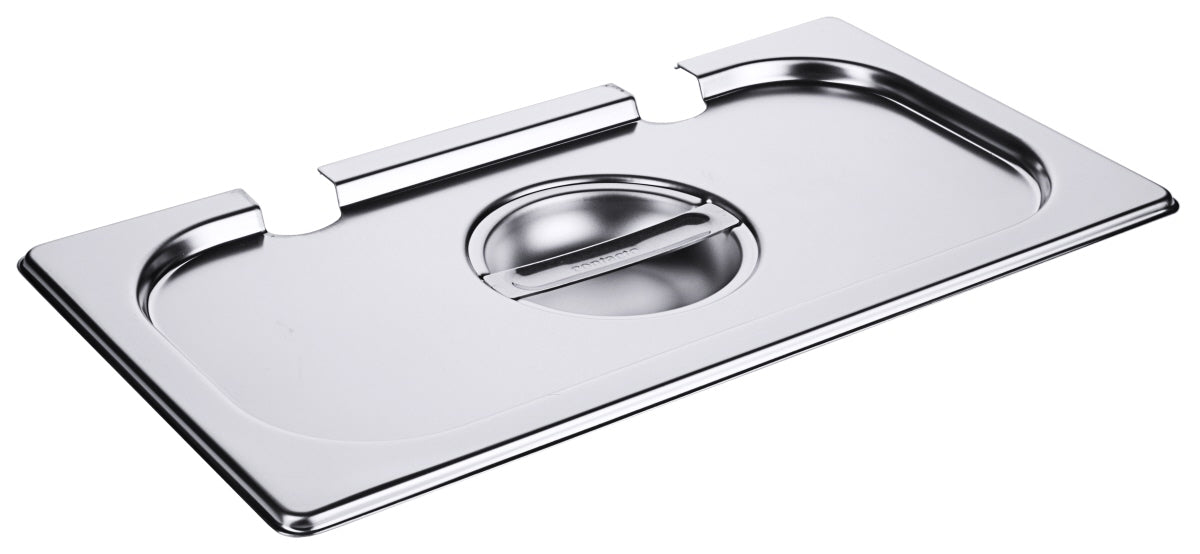 Edelstahl-Gastronorm-Behälterdeckel mit Griff.