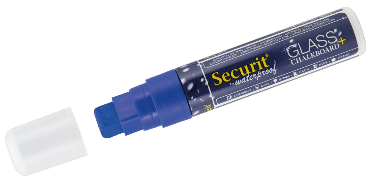 Blauer Kreidemarker mit abgenommener Kappe.