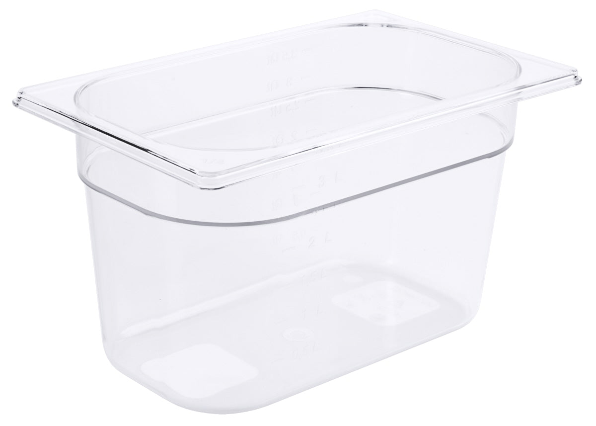 Transparente GN-Behälter aus Kunststoff.