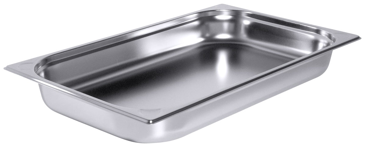 Edelstahl-Gastronormbehälter für Speisen.