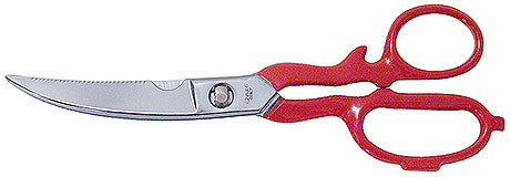 Rote Geflügelschere mit gezackter Klinge.