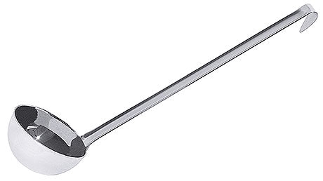 Silberne Suppenkelle mit Haken.