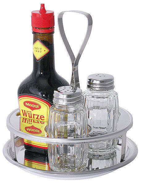 Gewürzhalter mit Flasche und Streuern.