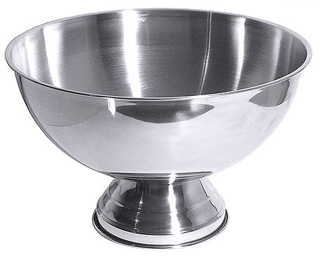 Silberne Metallschüssel auf Sockel.