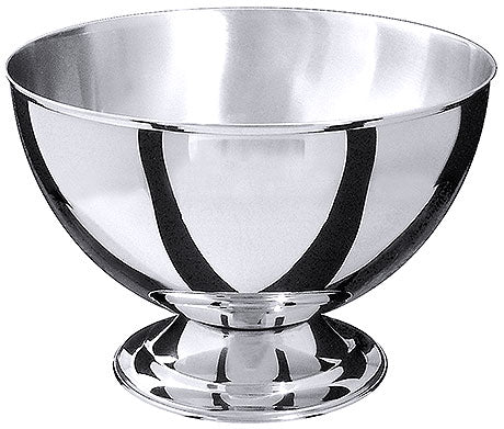 Silberne Metallschale auf Sockel.