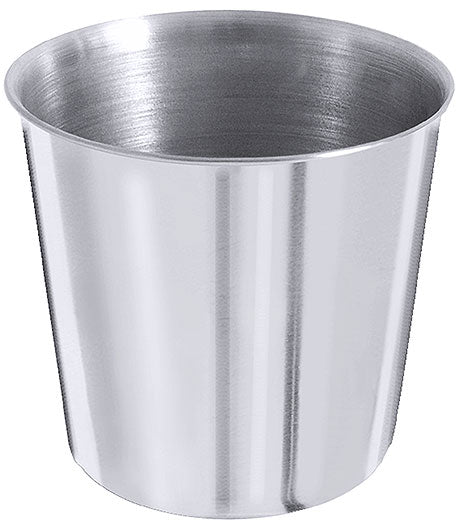 Metallbecher aus Edelstahl, glänzend.