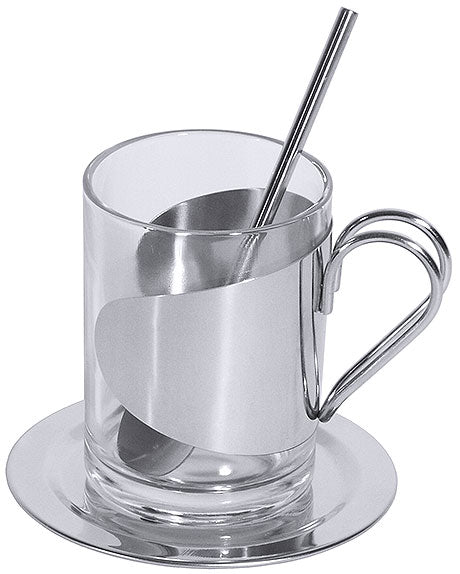Glas mit Metallhalter und Löffel.
