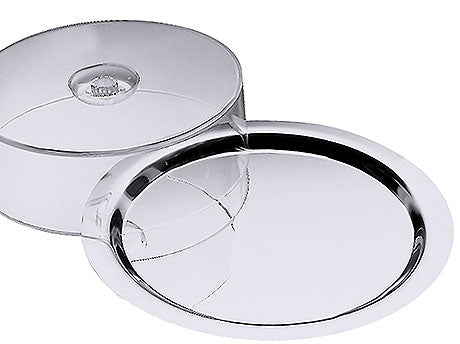 Runde Edelstahl-Servierplatte mit Deckel.