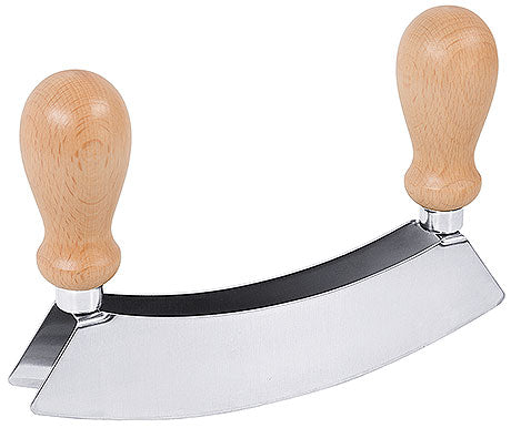 Doppelschneidiges Wiegemesser mit Holzgriffen.