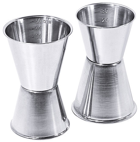 Zwei Edelstahl-Jigger mit Skala.