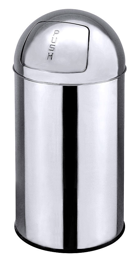 Silberner Mülleimer mit Push-Deckel.