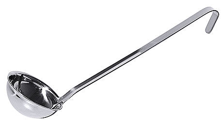 Suppenkelle aus Edelstahl, gebogen.