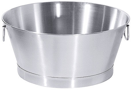 Große, silberne Metallschüssel mit Griffen.