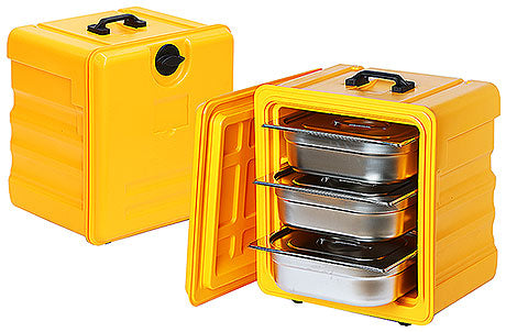 Gelber Thermobehälter mit Edelstahlbehältern.