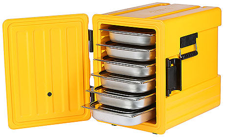 Gelber Thermobehälter mit Edelstahlbehältern.