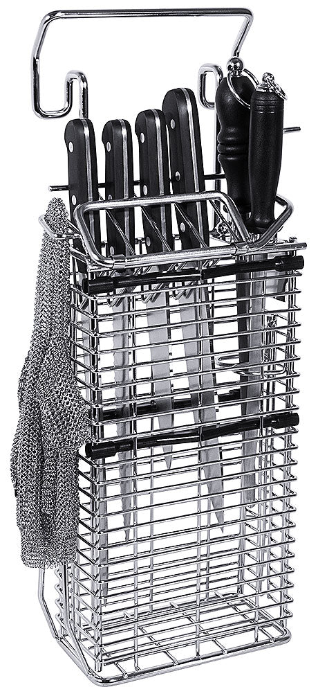 Messerhalter mit Messern und Handschuh.