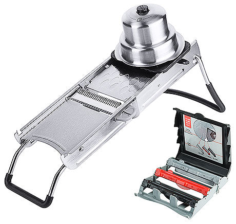 Mandoline mit Schutzaufsatz und Koffer.