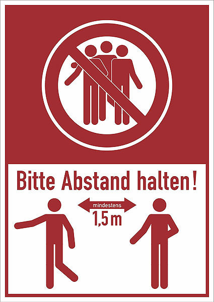 Schild: Abstand halten, 1,5m Mindestabstand.