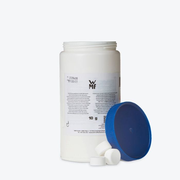 Reinigungstablettenbehälter mit blauer Kappe.