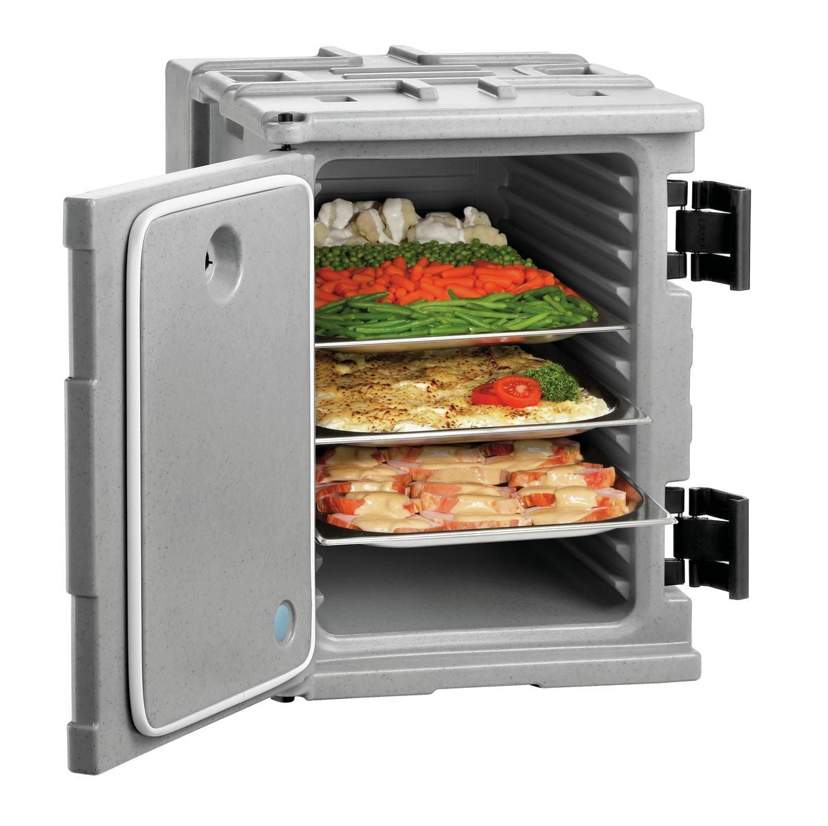 Thermobox mit Lebensmitteln auf Tabletts.