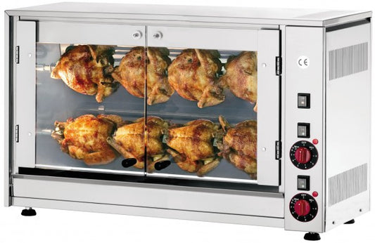 Rotisserie mit gegrillten Hähnchen.