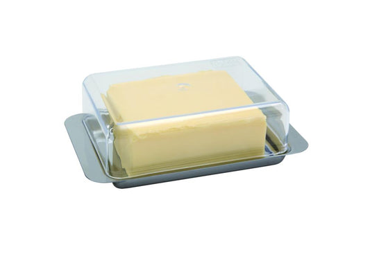 Butterdose mit transparentem Deckel.
