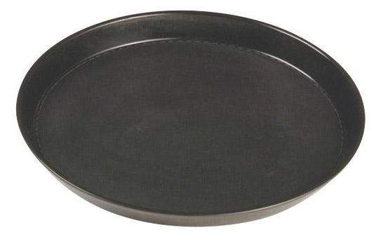 Schwarzes rundes Serviertablett aus Kunststoff.