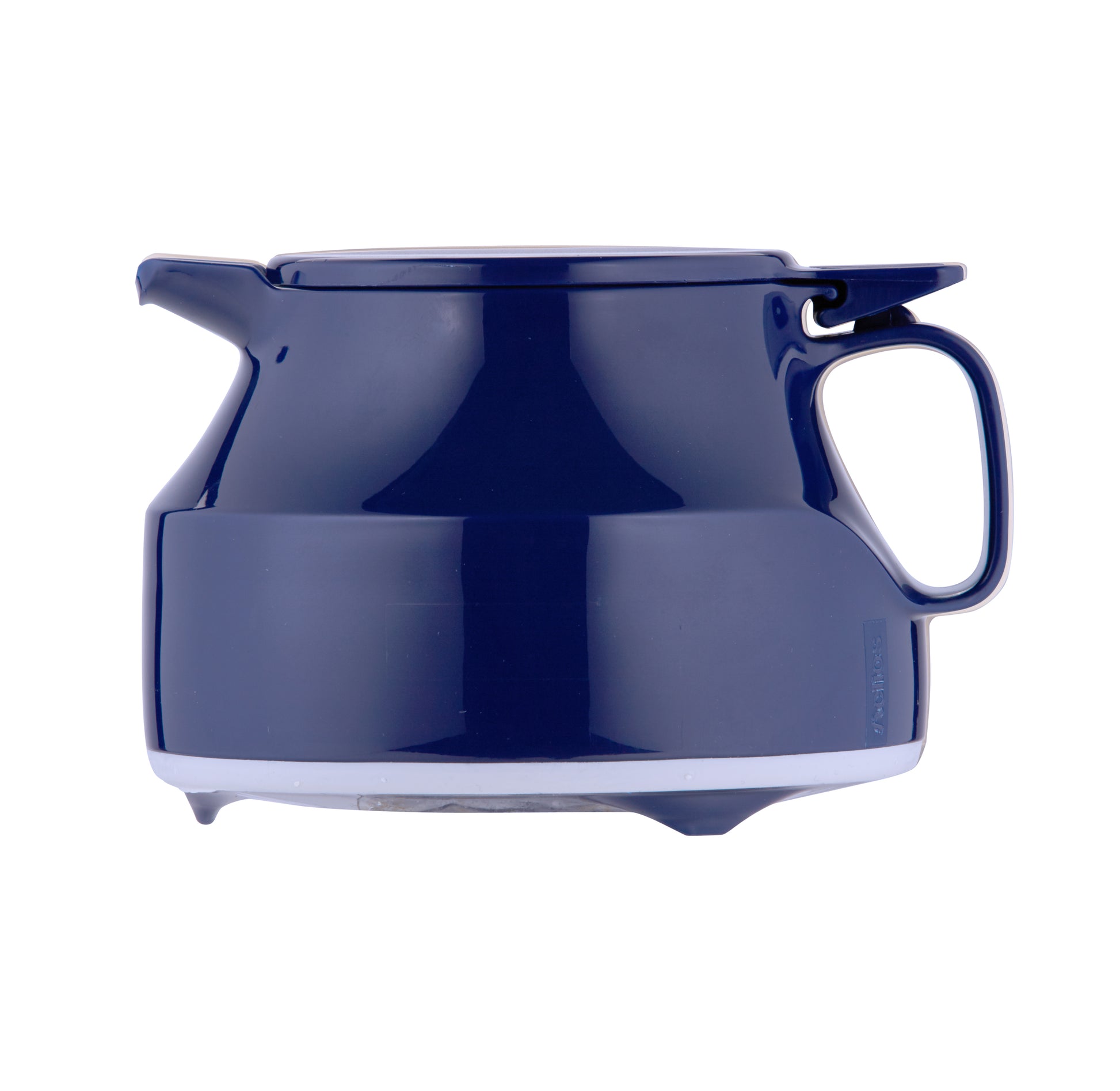 Blaue Teekanne mit Henkel und Ausguss.