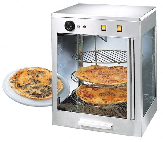 Pizza-Wärmer mit Pizzastücken.