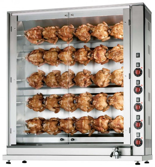 Rotisserie mit gegrillten Hähnchen.
